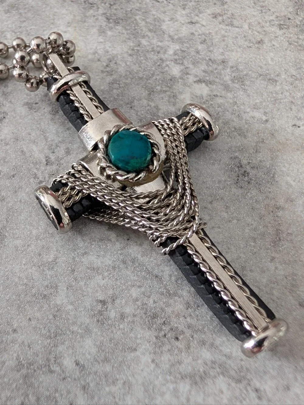 Silver-Tone Men's Cross Pendant Necklace with Teal Stone